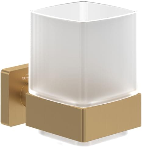 Image of Villeroy & Boch Elements - Striking tumbler holder, toothbrush holder for wall installation, toothbrush tumbler made from satin-finished glass with brass holder, square, Brushed Gold