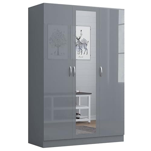 Image of Nera Gloss 3 Door Wardrobe for Bedroom 120cm Wide with Mirror Shelves and Hanging Rail Storage Cabinet (Gloss Grey (Matt Grey))