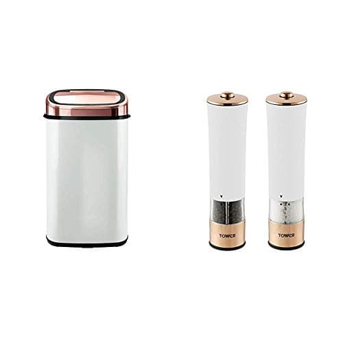 Image of Tower T80904RW Kitchen Bin Sensor Lid, Touchless for Hygienic Waste Disposal, Infrared Technology, 58 Litre, White and Rose Gold & T847003RW Electric Salt and Pepper Mills, White, 5.6 x 5.6 x 22.5 cm