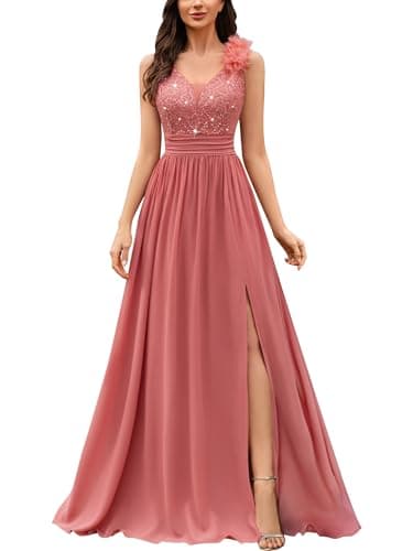 Image of MIUSOL Women's Vintage V-Neck Sleeveless Sequined Lace Split Wedding Formal Evening Maxi Dress (Large, Cinnamon Pink)