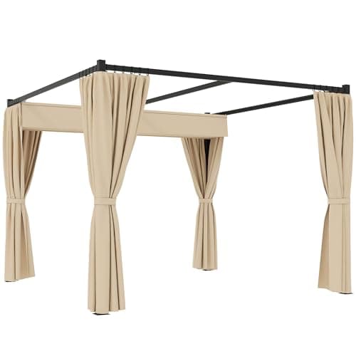 Image of Outsunny 3 x 3(m) Pergola with Retractable Roof Canopy and Curtains, Metal Frame Garden Gazebo Outdoor Sun Shade Shelter for Grill, Patio, Deck, Beige