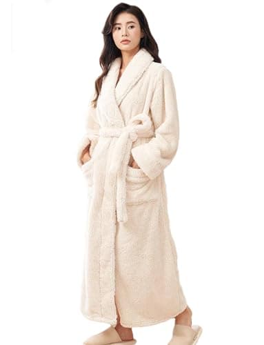 Image of LOCIIXAT Womens Cosy Robe Winter Long Dressing Gowns Fluffy Fleece Housecoat, Cream 14-18 UK