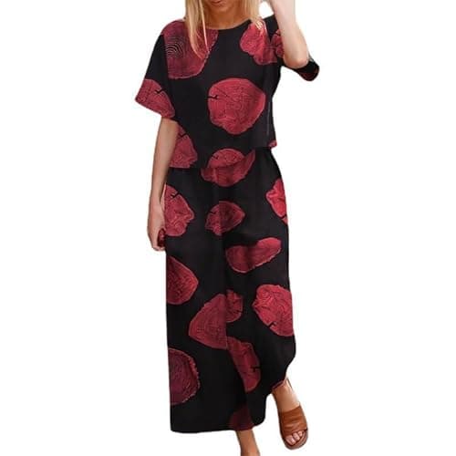 Image of Cotton Linen Co Ord Sets For Women Uk Summer 2 Piece Outfits Ladies Abstract Tree Ring Print Round Neck Short Sleeve Tops Wide Leg Pants Loose Fit Casual Daily Holiday Home Loungewear (Red M)