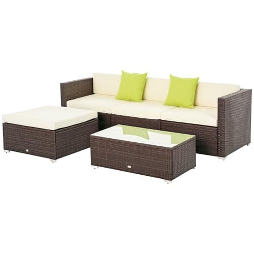 Image of Outsunny 5 Pieces PE Rattan Garden Furniture Set with Cushions, Outdoor Corner Sofa, Patio Sectional Conversation Furniture Sets with Glass Top Coffee Table, Brown