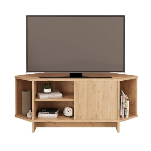 Image of Bimossa Teo Corner TV Stand – Space-Saving TV Unit for 43–48'' TVs, Compact Media Console with Open Shelves & Cabinet, Ready to Assemble, Available in 5 Colours (Oak)