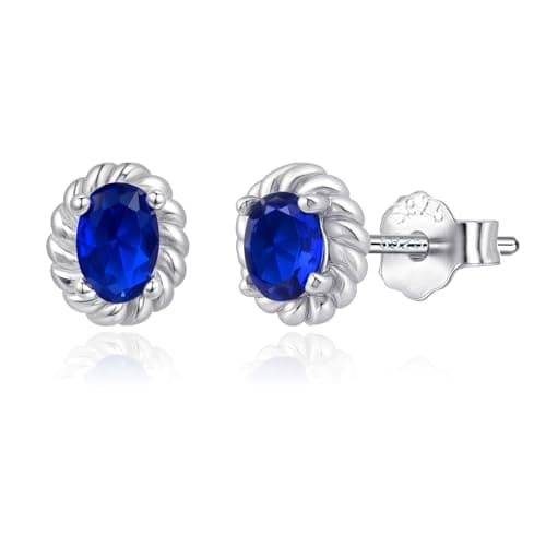 Image of Weviway Sterling Silver Stud Earrings, Oval Blue Sapphire with Vintage Rope Design Frame, September Birthstone