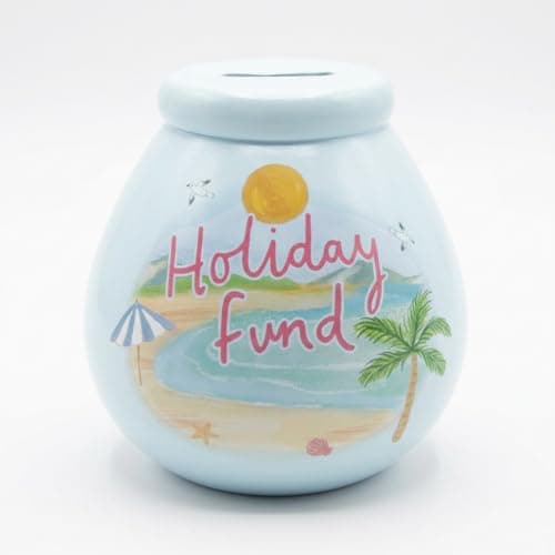 Image of Pot of Dreams Holiday Fund Money Box – Hand Painted Ceramic Savings Pot, Beach Theme Piggy Bank, Break to Open Coin Jar, Holds Up to £1000, Gift for Travel Saving
