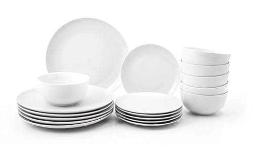 Image of 18PC Dinnerware Porcelain White Set: 6 Dinner Plates, 6 Side Plates & 6 Bowls. Dishwasher & Microwave Safe.