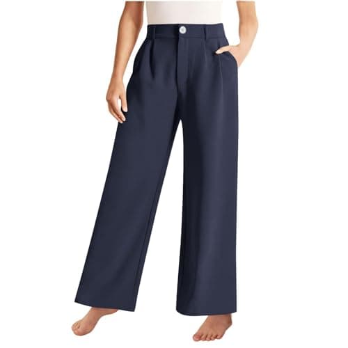 Image of Girls Wide Leg School Suit Trousers Kids Formal High Waist Solid Color Baggy Casual Pants Straight Leg Trendy Bottoms (Navy, 13-14 Years)