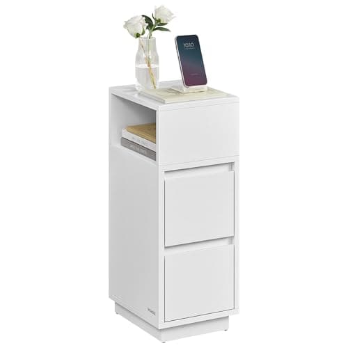Image of VASAGLE Slim Bedside Table, Small Narrow Side End Table with 2 Drawers, 1 Open Compartment Mounted to Face Left or Right, for Bedroom, Living Room, Cloud White LET656W01