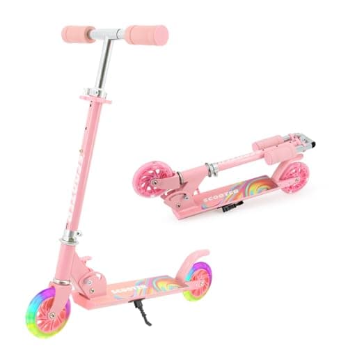 Image of TENBOOM Scooter for Kids Ages 4-7, Boys & Girls - LED Light Up Wheels, 2-Wheel Kick Scooter with Adjustable Handlebar & Rear Brake, Candy Pink