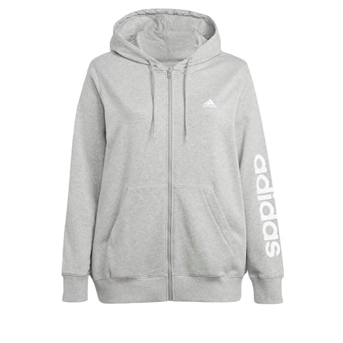 Image of adidas Women's Essentials Linear Full-Zip French Terry Hoodie (Plus Size), Medium Grey Heather/White, XL Plus
