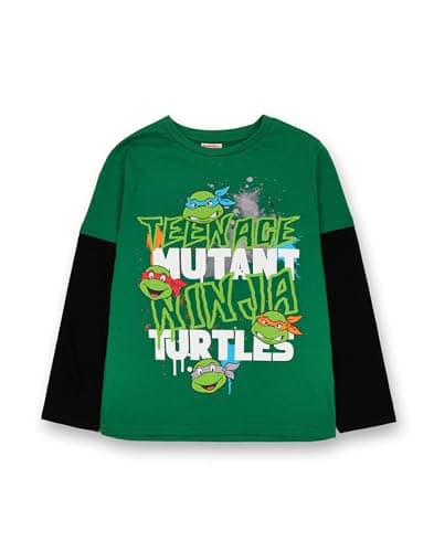 Image of Teenage Mutant Ninja Turtles Boys T-Shirt | Green & Black TMNT Graphic Skater Tee for Kids | Action Ready Comfy Long Sleeve with Short Sleeve Overlay Style Top | Childrens TMNT Movie Merchandise Gift