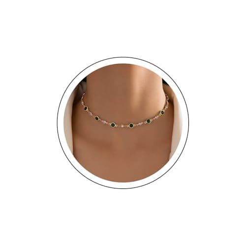 Image of Yienate Boho Green Crystal Choker Necklace Chain Gold Vintage Tiny Emerald Crystal Disc Choker Minimalist Green Rhinestone Bead Satellite Necklace Costume Jewelry for Women