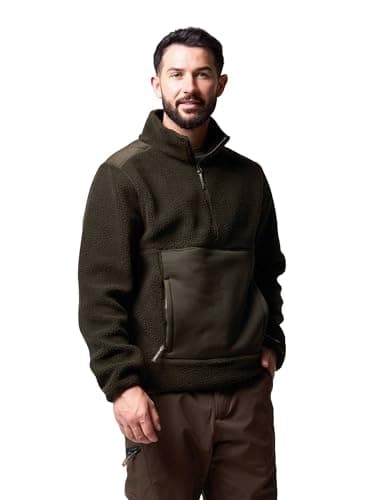 Image of JACK PYKE Men’s Sherpa Fleece Pullover – 100% Polyester, Contrast Shoulder Panels, Zipped Front Pocket, Elasticated Cuffs, Lightweight & Comfortable for Outdoor & Casual Wear - Green, Small