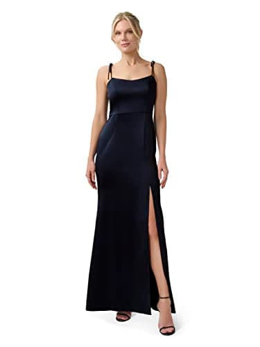 Image of Adrianna Papell Women's Satin Crepe Gown Special Occasion Dress, Dark Navy, 20