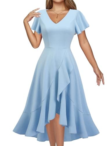 Image of DRESSTELLS Cocktail Dresses for Wedding Guest, 2026 Summer Formal Evening Party Prom Mother of the Bride Beach Vacation High Low Split Midi Dress Blue L