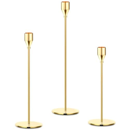 Image of 3 Pcs Candle Candlestick Holders, Imitation Gold Table Candle Holders Stands Vintage, Tapered Candle Pillar Holders for Fireplace, Living Room, Dinning Table, Wedding Ornaments Decorations