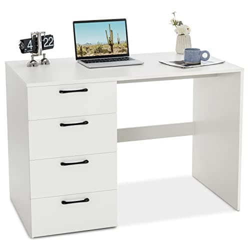 Image of SFAREST Computer Desk, 110CM Wooden Study Work Writing Table with 4 Drawers, Modern Home Office Desk PC Laptop Workstation, White