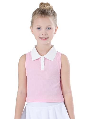 Image of Bezioner Girls Polo Shirts Sleeveless Tennis T-Shirts Collared Golf Shirt Athletic Tank Tops for Gym Workout Running Pink 120