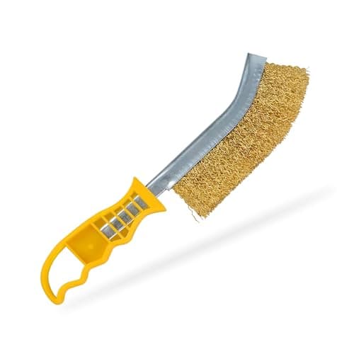 Image of G4GADGET Brass Wire Brush with Yellow Handle - General Purpose Crimped Long Handled Wire Brush for Rust Removal and Surface Preparation