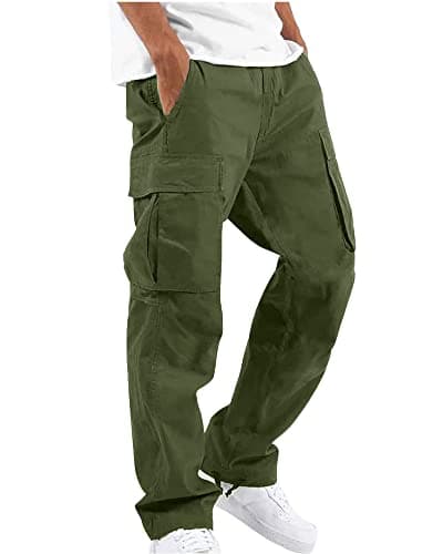 Image of YAOHUOLE Men's Loose Casual Cargo Long Trousers with Pockets Elastic Waist Army Green 3XL