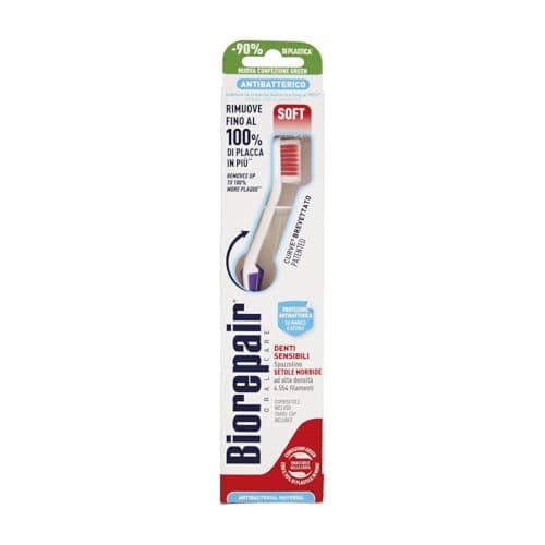 Image of Biorepair, Sensitive Toothbrush, Soft Toothbrush for Sensitive Teeth, Soft Bristles, Patented Curved Shape, Inhibits Bacterial Growth Up to 90%, Removes Up to 100% of Plaque