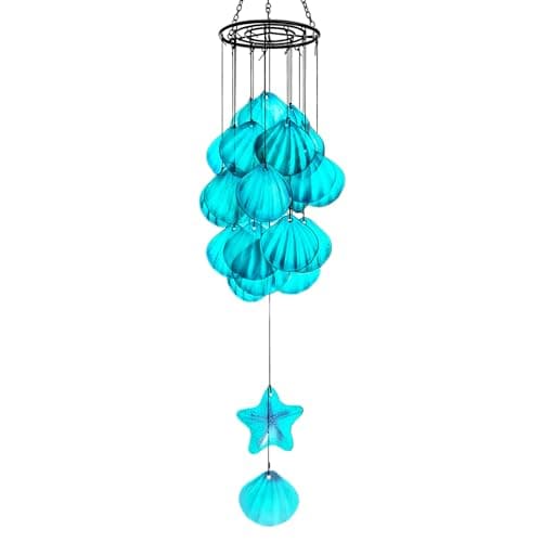 Image of YU FENG Stained Glass Wind Chimes for Outside,Handmade Large 25 inch Memorial Windchimes Outdoor,Sea Glass Decor for Patio Garden Balcony Porch (Shell & Starfish)