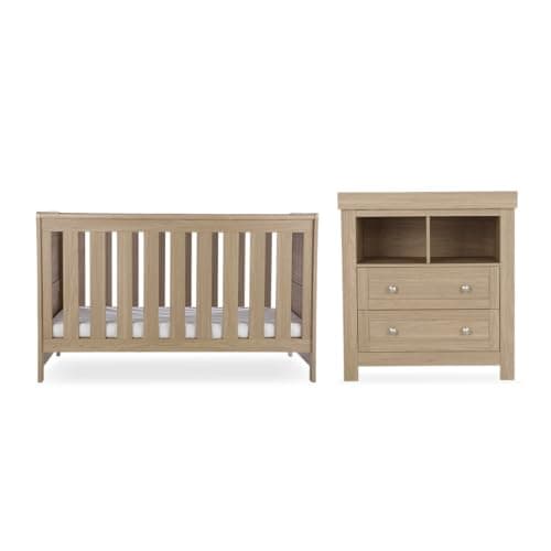 Image of CuddleCo Burford Nursery Furniture Set - Convertible Cot Bed with 3 Mattress Base Positions, Dresser Changer with Removable Changing Top, Ideal Baby Furniture for Traditional Nursery (Oak, 2pc)