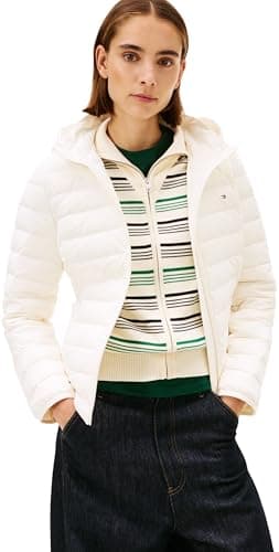 Image of Tommy Hilfiger Women's STRETCH NYLON LW DOWN JACKET WW0WW47753 Puffer Jacket, WHITE (Ivory Silk), L