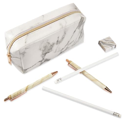 Image of Tenare 6 Pcs Marble Pencil Case Set, White Zippered Pencil Case Pouch School Stationery Bag Including Ballpoint Pen Eraser Cosmetic Makeup Brush Storage Bag for Girls Women Teenagers