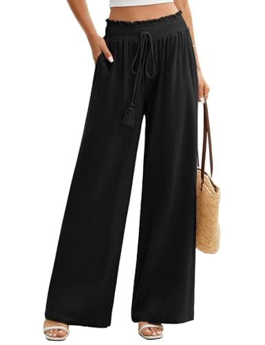 Image of UMIPUBO Women Cotton Linen Trouser Summer Wide Leg Pants Elastic Waist Lightweight Beach Trouser Ladies Palazzo with Pockets Casual Flowy Loose Bottoms for Work Yoga Holiday (Black, XXL)