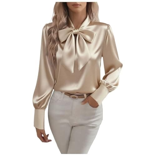 Image of HAOLEI Satin Blouse for Women UK 2025 - Ladies Satin Silk Shirts Elegant Vintage Long Sleeve Bow Tie Neck Shirts Going Out Casual Smart Business Work Office Tops Khaki