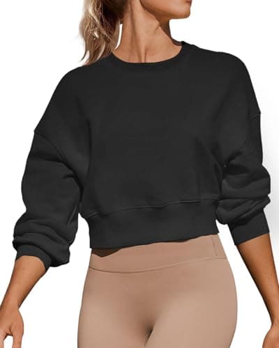Image of Joywayco Women's Long Sleeve Round Neck Crop Sweatshirts Comfy Fleece Casual Pullover Tops, Black, S