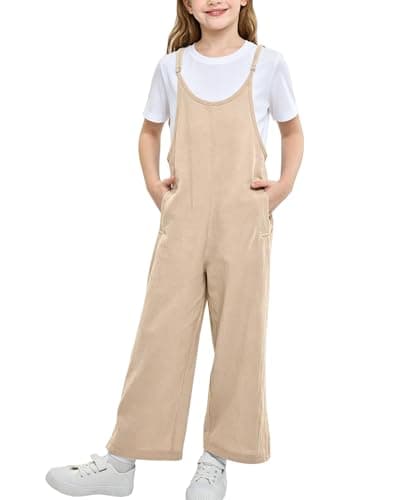 Image of Rolanko Girls Jumpsuit Adjustable Spaghetti Strap Loose Overalls Rompers, Cotton Baggy Plain Playsuits with Pockets for Age 5-12 Years, Khaki, Size: 10-11 Years,150