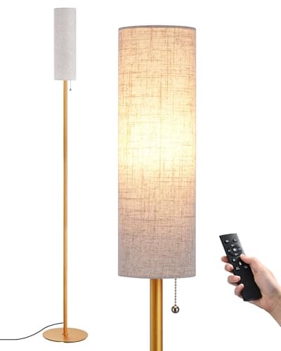 Image of EDISHINE Floor Lamp, Standing Lamp with Rounded Linen Lampshade, Floor Lamps for Living Room, Bedroom, 165cm, E27 Socket(9W LED Dimmable Bulb Included), Magnetic Remote Control, Gold