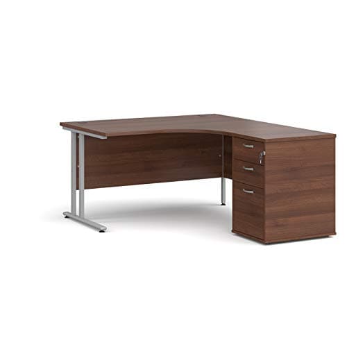 Image of Mr Office Maestro 25 right hand ergonomic desk with silver cantilever frame and desk high pedestal bundle, Walnut, 1400