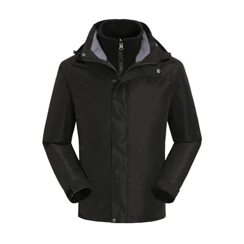 Image of Black Waterproof Jacket Mens 3 in 1 Quilted Jacket with Detachable Hood - Polar Fleece Zip Up Jackets, Waterproof Softshell Windbreaker with Hook & Loop Cuff, Winter Outdoor Coats L