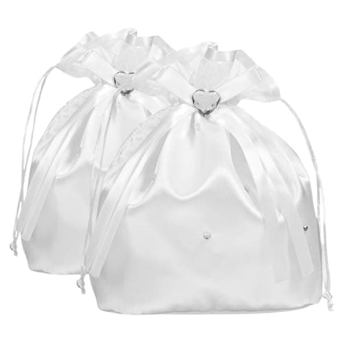 Image of SHINEOFI Bridal Flower Money Bag 2Pcs White Satin Drawstring with Rhinestones for Bridesmaid and Wedding Party