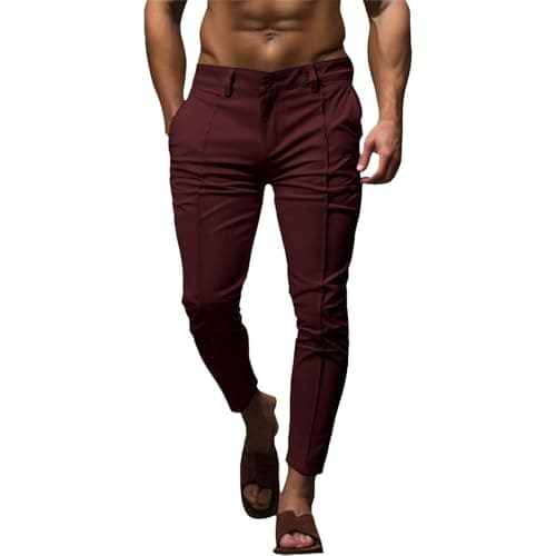 Image of Cocila Men's Skinny Stretchy Khaki Pants Colored Slim Fit Slacks Tapered Trousers Boy 9 (Red, XXXL) Bearskin Cargo Mens Charcoal Flecktarn Bottoms Casual Warm Winter Solid Moleskin for Men UK