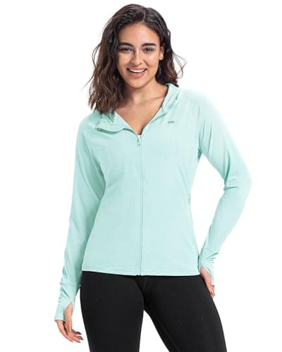 Image of 33,000ft Women's UPF 50+ Hoodie Jacket Lightweight Long Sleeve Sun Protection Shirt Full Zip Up Breathable Sportwear with Thumb Holes for Hiking Running Outdoor Sky Blue M