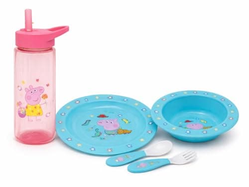 Image of 5PCs George Pig Reusable Dinner Set - 420ml Straw Sipper, Stacking Bowl, Plate, Fork and Spoon, BPA Free Peppa Pig Children Tableware Cutlery Set 4+Years