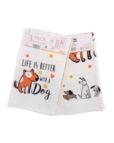 Image of COUNTRY CLUB 100% Cotton Pack of 3 Life is Better with a Dog Design Velour Kitchen Tea Towels