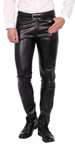 Image of FEOYA Men's Slim Fit Leather Trousers Stretch Elastic Faux PU Pencil Pants Wet Look Straight Leg Trousers for Motocycle Biker Dance Bar Nightclub Stage Show Cosplay Mid Waist Summer Spring Black 40