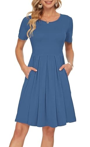 Image of AUSELILY Women's Short Sleeve Pleated Loose Swing Casual Dress with Pockets Knee Length Beja Blue L