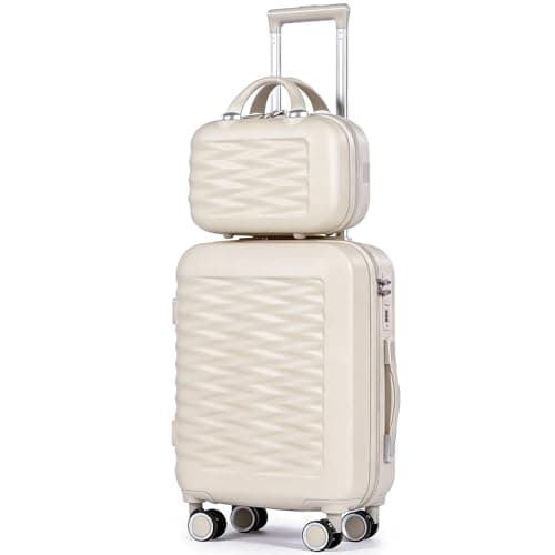 Image of H.yeed 20 Inch Cabin Suitcase with 12 Inch Vanity Case Lightweight ABS Hard Shell Suitcase Trolley Luggage Travel Case with Spinner Wheels (Beige, 2 pc Set)