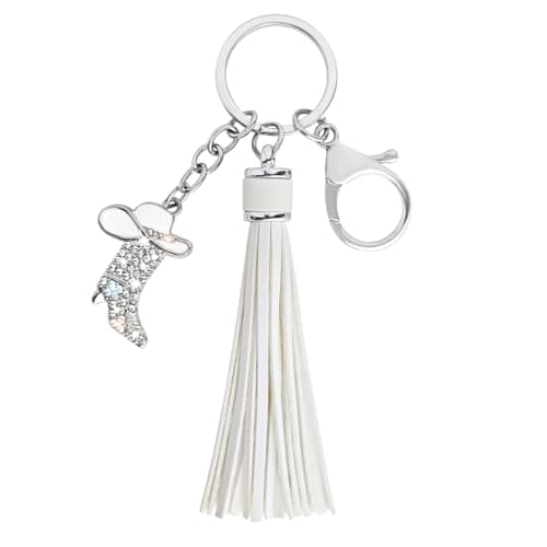 Image of Mifoneix Individuality Rhinestone Western Boots Gifts Key Chain for Women Cowboy Enamel Hat Keychains Gift Tassel, White, 1.4 x 2.7 x 0.1 inches