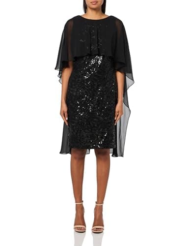 Image of Calvin Klein Women's Sequin Chiffon Cape Overlay Sheath Dress, Black, 8