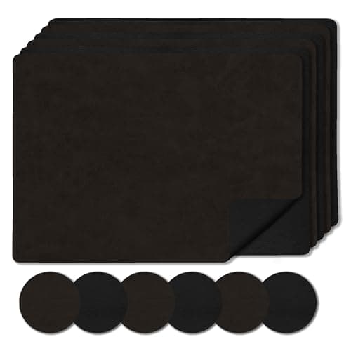 Image of Faux Leather Placemats and Coaster Sets 6 | Dual Sided Brown/Black Table Mats and Coasters | Place Mats For Table 6 - Wipeable Placemats Heat Resistant Place Mat (Black/Brown)
