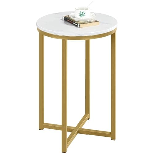 Image of Yaheetech Round Side Table, Marble Effect Gold Side Table with X-Based & Sturdy Metal Legs, End Table Bedside Table for Bedroom/Living Room/Office, Mustard Gold, 40.5 x 40.5 x 61 cm